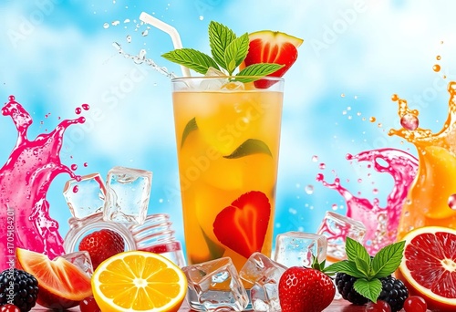 Refreshing summer beverage with fruit splashes and ice, quenching, close-up