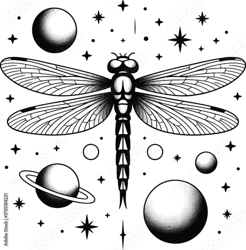 Black and white dragonfly with planets and stars insect