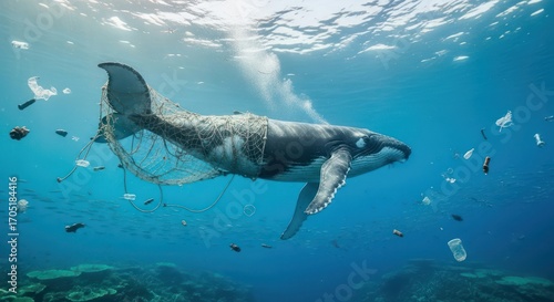 Entangled leviathan: A whale's struggle against the perils of plastic pollution in pristine ocean