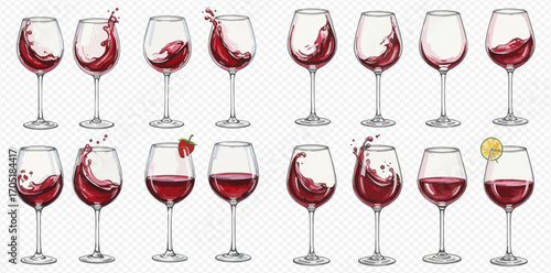 A vibrant collection of red wine glasses showcasing dynamic splashes, elegant swirls, and still pours, with some garnished.