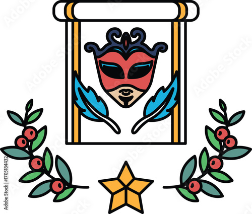 A black and white drawing of a mask with a star and leaves