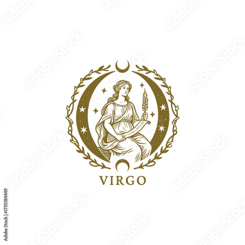 engraving of a woman, representing the Virgo zodiac sign. The figure, shown in classic attire, holds a sheaf of wheat and a scroll, symbolizing purity, harvest, and wisdom