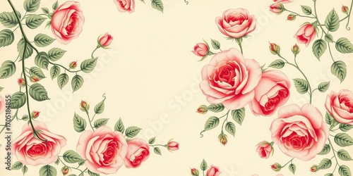 Delicate faded roses & trailing ivy on cream cotton, vintage floral print,  textile,  illustration