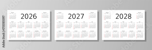 2026, 2027, 2028 calendars. Calender templates. Planner layout with 12 months. Week starts Sunday. Desk planer grid for year. Vector illustration. Yearly diary in English. Paper size A4