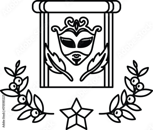 A black and white drawing of a mask with a star and leaves