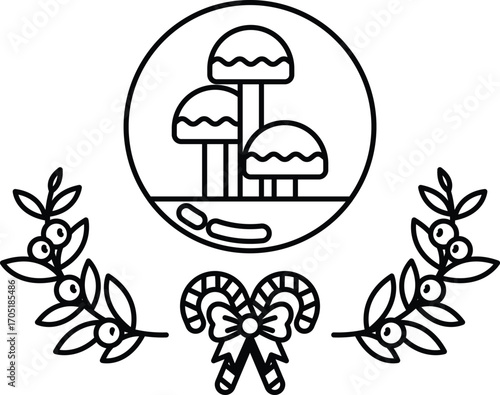 A black and white drawing of a Christmas tree with three mushrooms on it