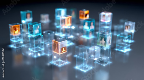 Digital social media concept with glowing transparent cubes representing online profiles and safety in futuristic network environment