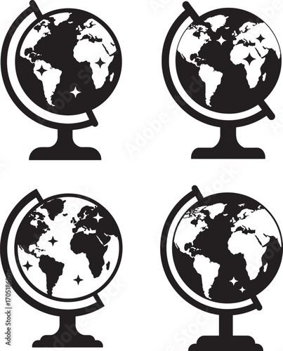 Four globe icons in silhouette style