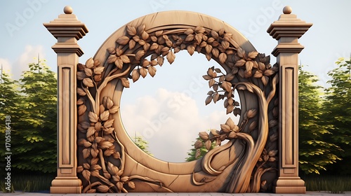 Wooden portal adorned with floral carvings, revealing a tranquil garden scene and serene sky within