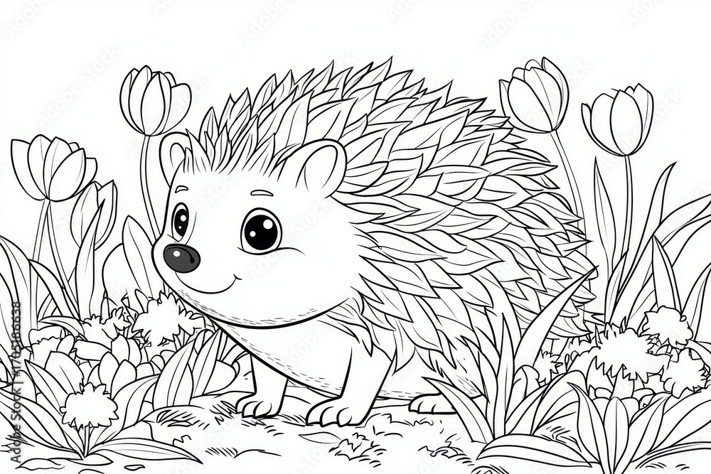 Fototapeta premium Cute cartoon hedgehog in the garden with tulips, border design elements, thick lines, low detail, no shading, vivid black and white coloring page for kids.