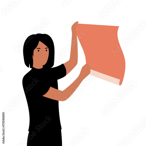 Young woman pasting glue on wallpaper with a smile, isolated on white background, copy space
