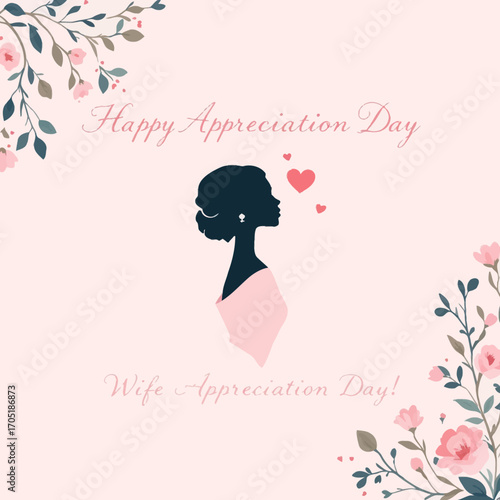 Romantic flat vector illustration celebrating Wife Appreciation Day with elegant female silhouette and heart symbol on soft pink background, perfect for greeting cards and posters