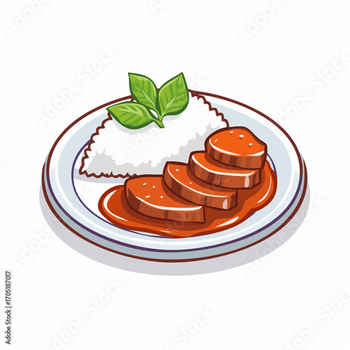 A charming cartoon illustration of a indonesian rendang  featuring sliced meat, rich red gravy, steamed rice, and a fresh basil garnish on a plate