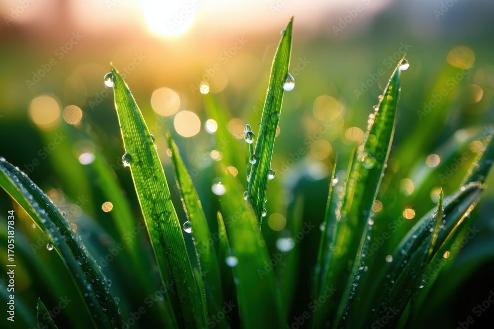 Fototapeta premium Dew-covered grass blades at sunrise