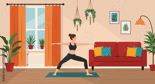 Young woman performing warrior pose yoga in her cozy living room at home, promoting wellness, mindfulness, and a healthy lifestyle