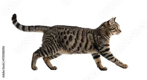 Cat Walking Isolated on White Background with Striped Fur