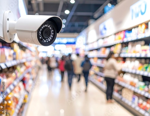 Security camera in a blurry supermarket aisle