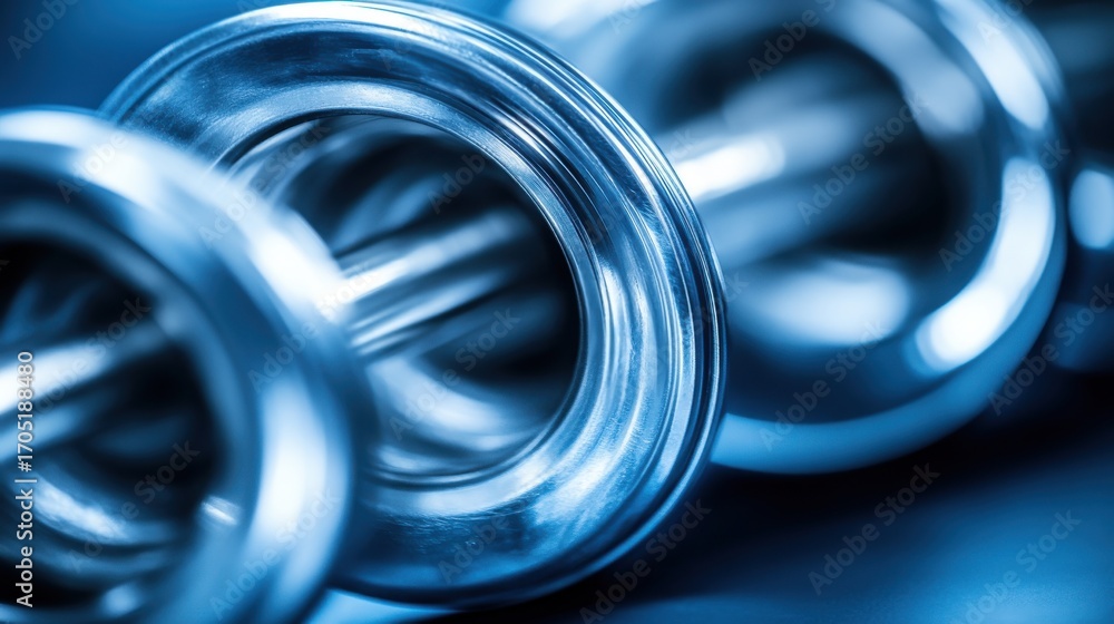 Fototapeta premium Industrial Blue Metal Rings Stacked in Depth of Field Macro Image