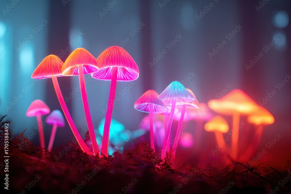Fototapeta premium Glowing mushrooms in a mystical forest