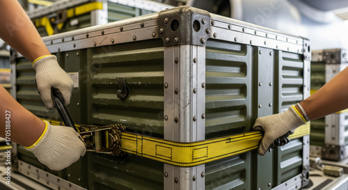 A close-up of a sturdy air cargo container being secured for transport.