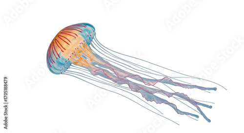 Jellyfish Floating with Long Tentacles on White