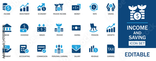 Income Icon Set. With editable symbols for income, tax, salary, earnings, money, saving, pension, bank, dividend, wages. Ideal for business, finance, accounting, and investment. Vector illustration.