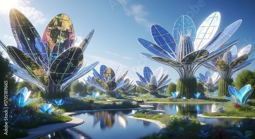 Futuristic solar panel trees bloom in a tranquil lakeside park, showcasing sustainable technology in nature