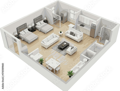 3D apartment floor plan, modern two-bedroom layout, open kitchen, stylish living room, bathroom, minimal decor, realistic interior rendering