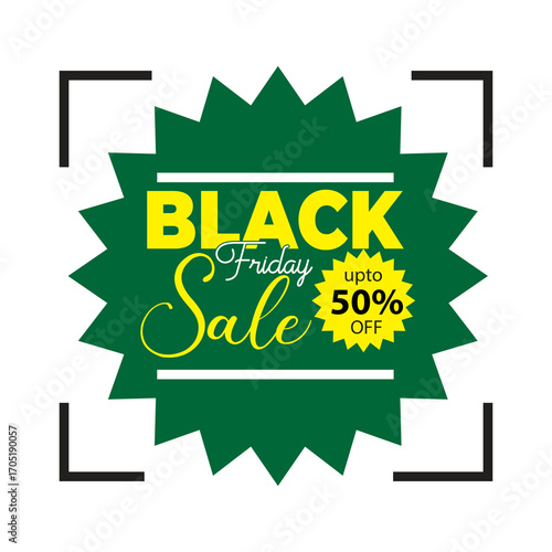 A vibrant green starburst graphic announces a Black Friday sale with 50% off. Yellow text highlights the sale details.