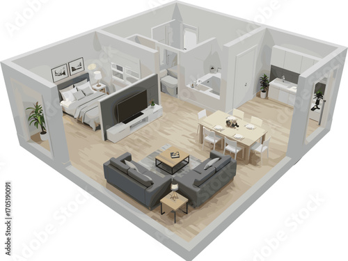 3D apartment floor plan, modern two-bedroom layout, open kitchen, stylish living room, bathroom, minimal decor, realistic interior rendering