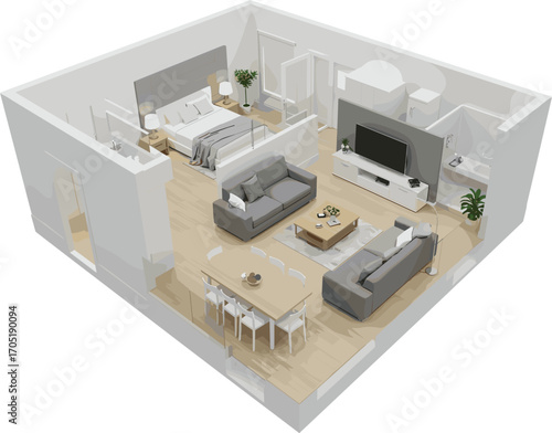 3D apartment floor plan, modern two-bedroom layout, open kitchen, stylish living room, bathroom, minimal decor, realistic interior rendering
