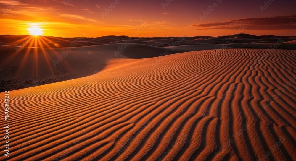 Naklejka premium Vivid desert landscape bathed in sunset's golden light, highlighting intricate sand dune patterns under a fiery sky
