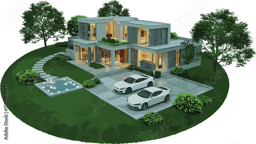 Luxury modern villa with glass walls, flat roof, pool, two cars, 3D rendering, surrounded by landscaped garden and trees
