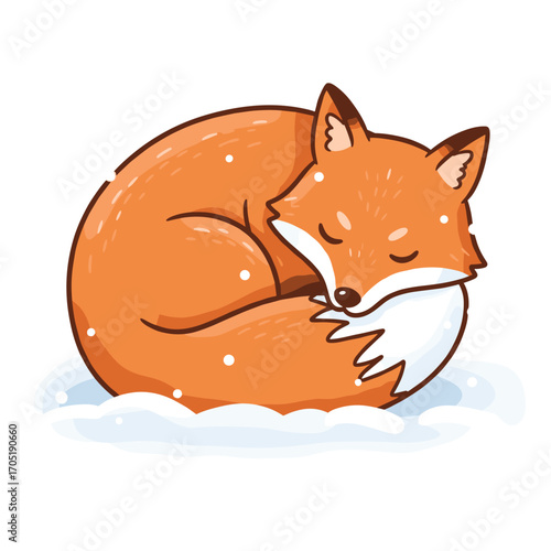 A curled-up cartoon fox sleeps soundly on a snowy patch, surrounded by falling snowflakes, radiating warmth and tranquility in a wintry setting.