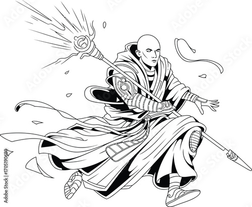 Bald man in flowing robes holding a staff with glowing energy