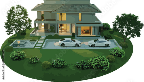 Luxury modern villa with glass walls, flat roof, pool, two cars, 3D rendering, surrounded by landscaped garden and trees