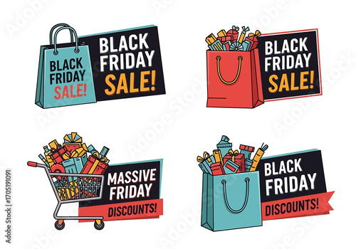 Black Friday Sale - Shopping Bags and Cart with Gifts and Discounts.