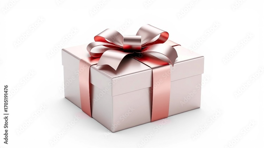 Fototapeta premium 3D gift box with glossy ribbon, elegant metallic finish, minimal modern design isolated on white.