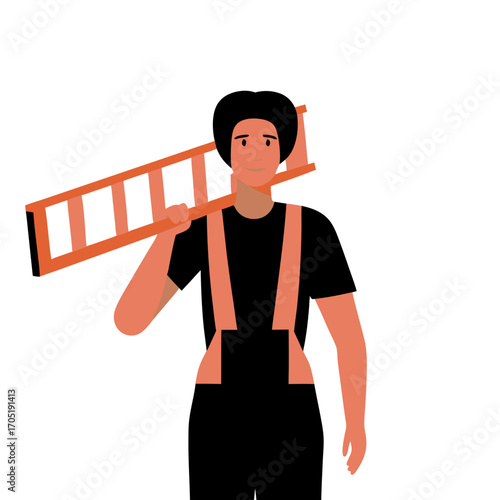 Young man carrying a ladder with a confident expression in a minimalist style on a white background
