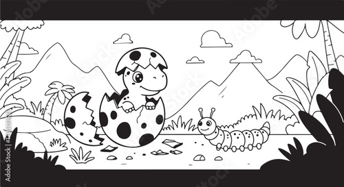 Baby dinosaur hatching from egg with a caterpillar in a prehistoric landscape