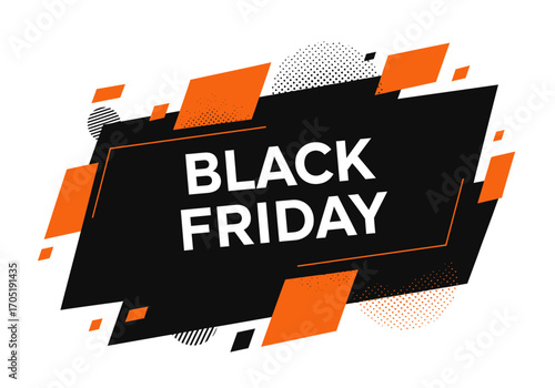 Modern Black Friday Sale Banner with Orange Geometric Shapes and Halftone Dots.