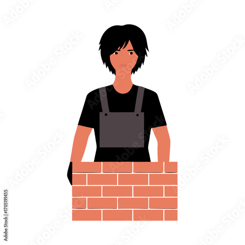 Smiling female bricklayer in overalls working with bricks on a white background
