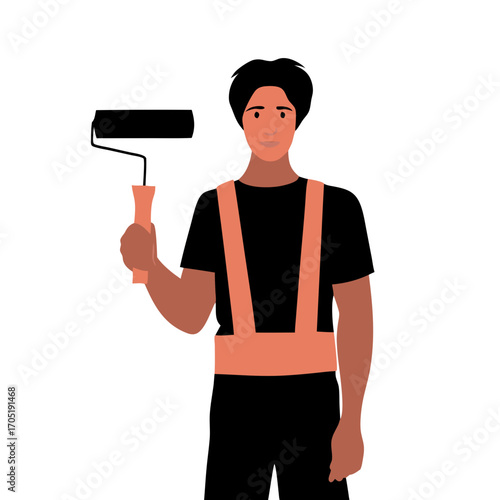 Stylized painter holding a paint roller and wearing a safety harness against a white background
