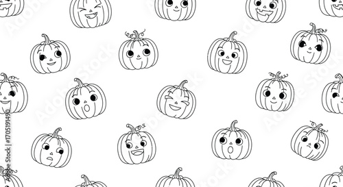 Seamless pattern of cute pumpkin faces, a playful and whimsical design perfect for halloween, autumn, and festive projects