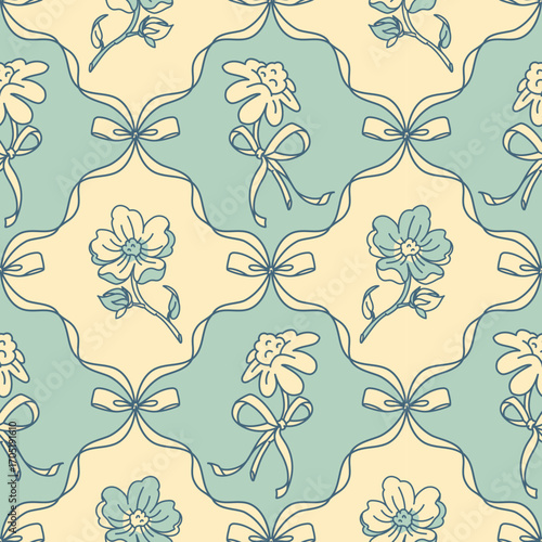Seamless pastel blue pattern with delicate flowers and ribbon curves. Perfect for textile design, wallpaper, wrapping paper, and coquette-inspired feminine decorative projects.