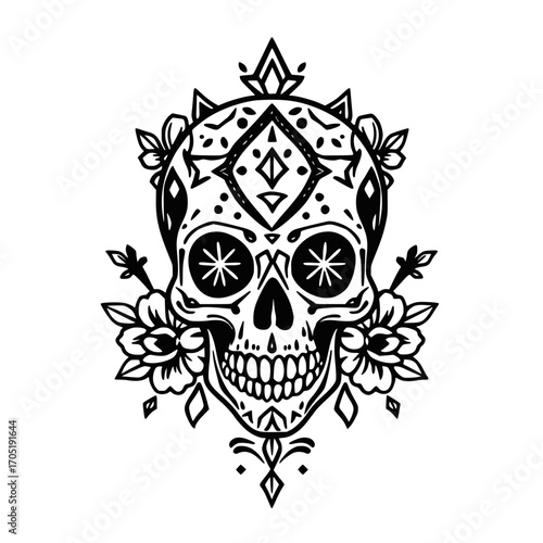 Grunge tribal vector art of a calavera with a floral adornment for a Day of the Dead design  For Halloween