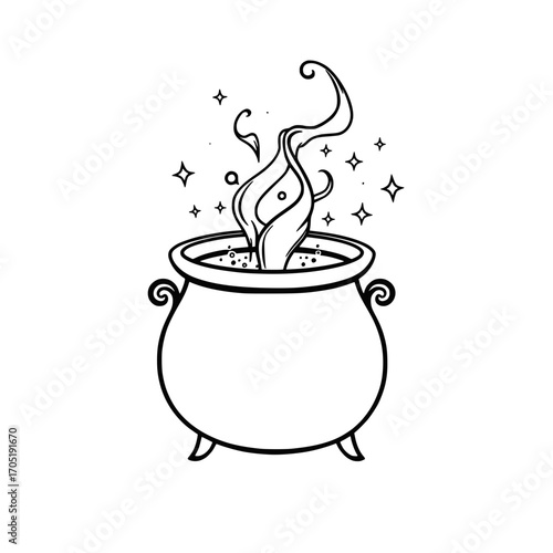 Black Halloween witch cauldron silhouette vector, witch black cauldron with boiling magic potion isolated on white background