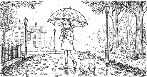 Girl with Umbrella and Dog Walking in Autumn Park with Falling Leaves rain