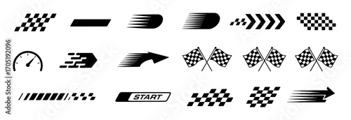 Racing Icons: Checkered Flags, Speed Lines, and Start Sign