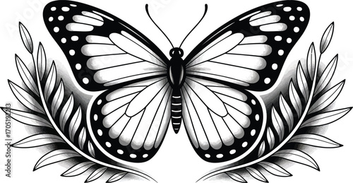 Black and white butterfly with leafy branches illustration